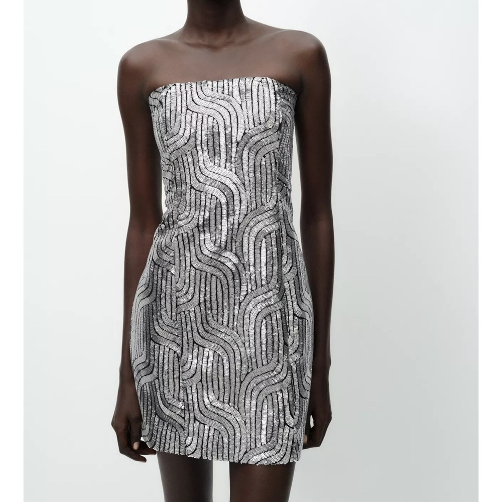 NWT Zara Sequin Mini Dress Silver Cute New Small 3751/973 Birthday Strapless